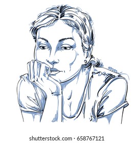 Hand-drawn vector illustration of beautiful romantic and pensive woman thinking about something sad. Monochrome image, expressions on face of young lady.
