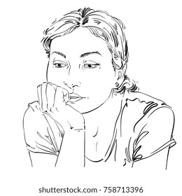 Hand-drawn vector illustration of beautiful romantic and pensive woman thinking about something sad. Monochrome image, expressions on face of young lady.