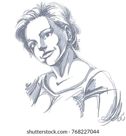 Hand-drawn vector illustration of beautiful romantic woman. Monochrome image, expressions on face of young lady.