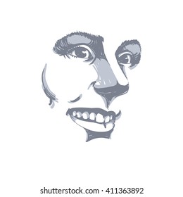 Hand-drawn vector illustration of beautiful smiling woman. Monochrome image, expressions on face of sincere young lady.