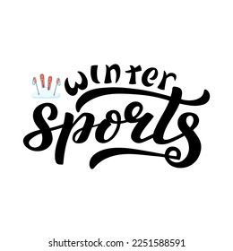Handdrawn vector illustration with black lettering on textured background Winter Sports for signboard, health resort, holiday hotel, ski rental, poster, logo, advertising, website, banner, template
