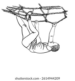 Hand-drawn vector illustration of a Black man climbing a rope net with powerful grip. Clean black and white line art without shading. Fitness, obstacle course, and athletic performance concepts