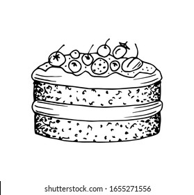 Hand-drawn vector illustration with black outline, in engraving style. Beautiful birthday cake with cream, berries isolated on a white background. Homemade cakes, cooking, sweet foods, dessert.