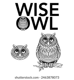 Handdrawn Vector Illustration of Black and White Wise Owl Zentangle