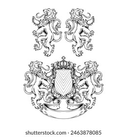 Handdrawn Vector Illustration of Black and White Lion Crest Coat of Arms