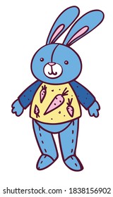 Hand-drawn vector illustration with blue soft toy rabbit. Colorful image in a flat style isolated on a white background.