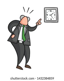 Hand-drawn vector illustration of boss angry and showing the time. Black outlines and colored.