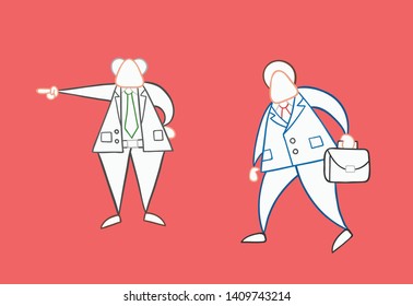 Hand-drawn vector illustration boss firing businessman worker. White colored and colored outlines, red background.