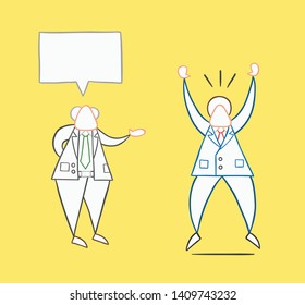 Hand-drawn vector illustration boss gives good news to businessman worker and he is very happy. White colored and colored outlines, yellow background.
