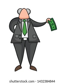 Hand-drawn vector illustration of boss giving money. Black outlines and colored.