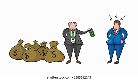 Hand-drawn vector illustration boss has a lot of money with sacks and pays one money to his businessman worker. Colored and black outlines.