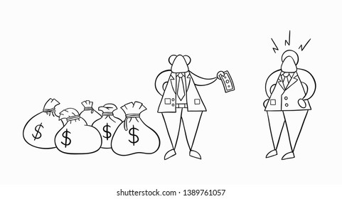 Hand-drawn vector illustration boss has a lot of money with sacks and pays one money to his businessman worker. White colored and black outlines.
