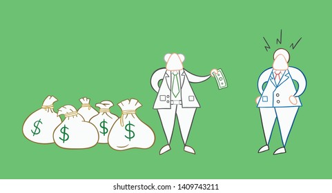 Hand-drawn vector illustration boss has a lot of money with sacks and pays one money to his businessman worker. White colored and colored outlines, green background.