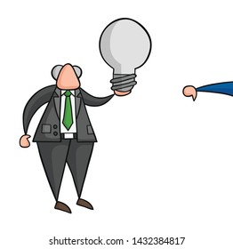 Hand-drawn vector illustration of boss holding bad light bulb idea and businessman showing thumbs-down. Black outlines and colored.