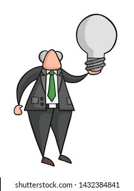Hand-drawn vector illustration of boss holding light bulb. Black outlines and colored.