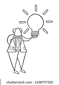 Hand-drawn vector illustration of boss holding glowing light bulb. Black outlines and white.