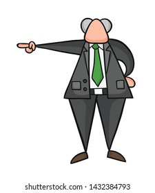 Hand-drawn vector illustration of boss pointing. Black outlines and colored.
