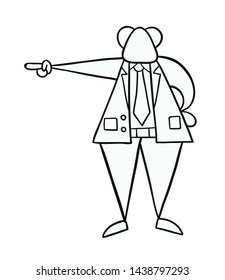 Hand-drawn vector illustration of boss pointing. Black outlines and white.
