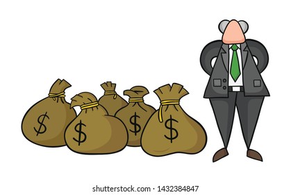 Hand-drawn vector illustration of boss rich with dollar money sacks. Black outlines and colored.