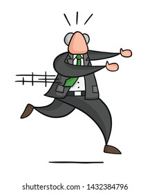 Hand-drawn vector illustration of boss running away. Black outlines and colored.