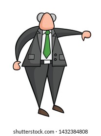 Hand-drawn vector illustration of boss showing thumbs-down. Black outlines and colored.