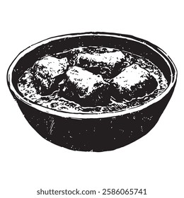 hand-drawn vector illustration of a bowl of stew with chunks of meat in vintage engraving style. black and white detailed food artwork, ideal for restaurant menus and culinary designs.