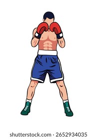 Ilustração vetorial desenhada à mão de um boxeador em pose de luta. Esboço estilo line art mostrando a postura do boxe, adequado para artes marciais, esportes de combate, ou projetos com tema atlético.