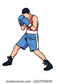 Ilustração vetorial desenhada à mão de um boxeador em pose de luta. Esboço estilo line art mostrando a postura do boxe, adequado para artes marciais, esportes de combate, ou projetos com tema atlético.