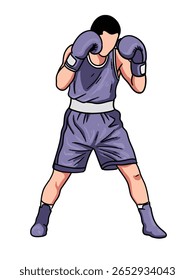 Ilustração vetorial desenhada à mão de um boxeador em pose de luta. Esboço estilo line art mostrando a postura do boxe, adequado para artes marciais, esportes de combate, ou projetos com tema atlético.