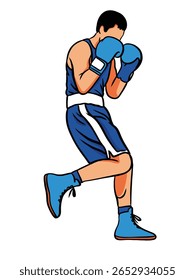 Ilustração vetorial desenhada à mão de um boxeador em pose de luta. Esboço estilo line art mostrando a postura do boxe, adequado para artes marciais, esportes de combate, ou projetos com tema atlético.