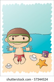 Hand-drawn vector illustration of a boy at the beach ready to take a dive in the ocean.