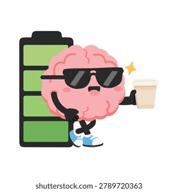 Hand-drawn vector illustration of a brain character holding a coffee cup and battery, representing energy, focus, productivity, mental power, and daily motivation. Ideal for office, wellness, education, and mascot themes.