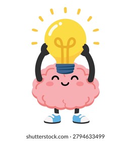 Hand-drawn vector illustration of a brain character holding a light bulb, representing creative thinking, innovation, inspiration, intelligence, and problem solving. Ideal for education, business, wellness, and mascot themes.