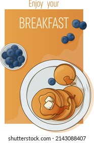 Ilustración vectorial hecha a mano del desayuno con crepes y arándanos. Perfecto para el diseño de afiche, banner, sitio web, tarjeta, decoración de menú, café. En estilo de caricatura