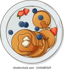 Ilustración vectorial hecha a mano del desayuno con crepes y arándanos, fresas. Uso para el diseño de afiche, banner, sitio web, tarjeta, decoración de menú, café. En estilo de caricatura