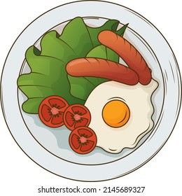 Ilustración vectorial hecha a mano del desayuno con salchichas, tomates cortados, huevo frito, lechuga. Uso para diseño de afiches, banner, sitio web, postal, diseño de menús, café. Al estilo de las caricaturas.