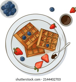 Hand-drawn vector illustration of breakfast with waffles, blueberries, strawberries. Use for design of poster, banner, website, card, decoration of menu, cafe. In cartoon style