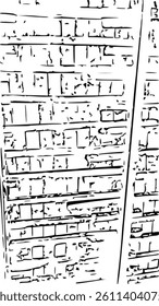 Hand-drawn vector illustration of a brick wall with grunge texture in black and white.
