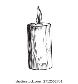 Ilustración vectorial dibujada a mano de una vela ardiente con textura rústica y llama simple. Detalles de estilo boceto ideales para la decoración de vacaciones, espiritualidad, relajación, aromaterapia, temas de bienestar