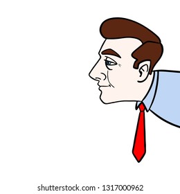 Hand-Drawn Vector Illustration of a Business Man with Big Nose and Red Grave Looking Curiously into the Picture from the Right Side. Isolated vector artwork. Brown hair, blue shirt.