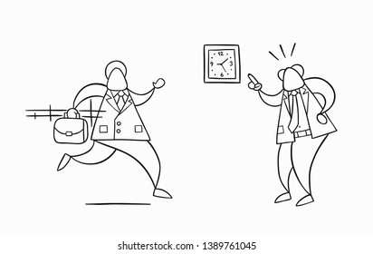 Hand-drawn vector illustration businessman worker late for work and angry boss shows him what time is it. White colored and black outlines.