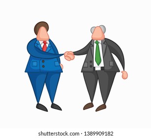 Hand-drawn vector illustration businessman worker and boss shaking hands. Colored and colored outlines.
