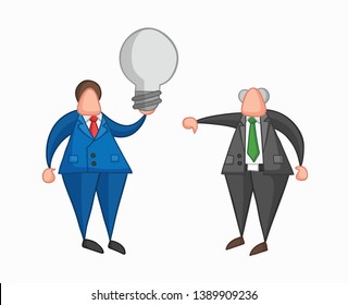 Hand-drawn vector illustration businessman worker holding grey light-bulb, has a bad idea and boss showing thumbs-down. Colored and colored outlines.