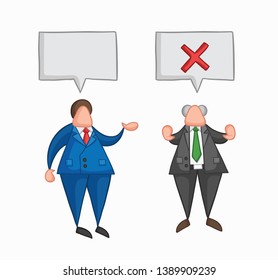 Hand-drawn vector illustration businessman worker speaks with boss and boss rejects. Colored and colored outlines.