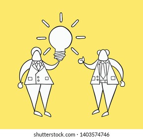 Hand-drawn vector illustration businessman worker holding glowing light-bulb, has a good idea and boss showing thumbs-up. White colored and black outlines, yellow background.