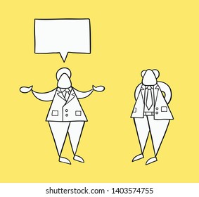 Hand-drawn vector illustration businessman worker talking with his boss. White colored and black outlines, yellow background.