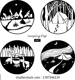 Hand-drawn vector illustration of camping trip set. Four landscape with mountains, river, forest, tent, camp fire, pot, into a circles in black and white style.