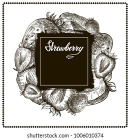 Hand-drawn vector illustration. Card or banner with strawberry. Isolated on white background.