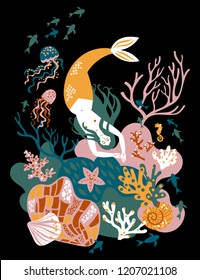 The hand-drawn vector illustration with a carefree mermaid, corals, seashells, jellyfish and seaweed. 