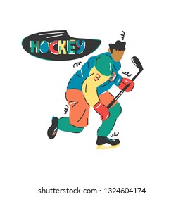 Handdrawn vector illustration of a cartoon hockey player. Color sketch print.